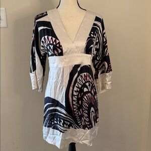 Trina Turk Elegant satin mini dress white pink black bold geometric pattern SZ 4